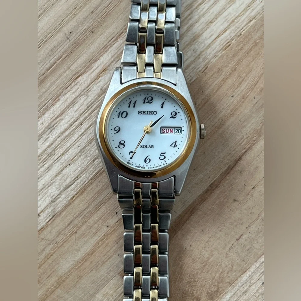 Seiko Solar Ladies Watch Two-Tone Bracelet White Dial Date Window New Crystal